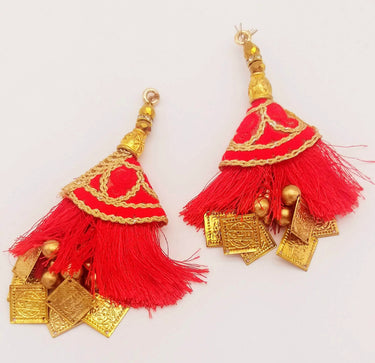 Red Tassels With Gold Beads, Beaded Tassels With Red and Gold Embroidery, Traditional Indian Latkan